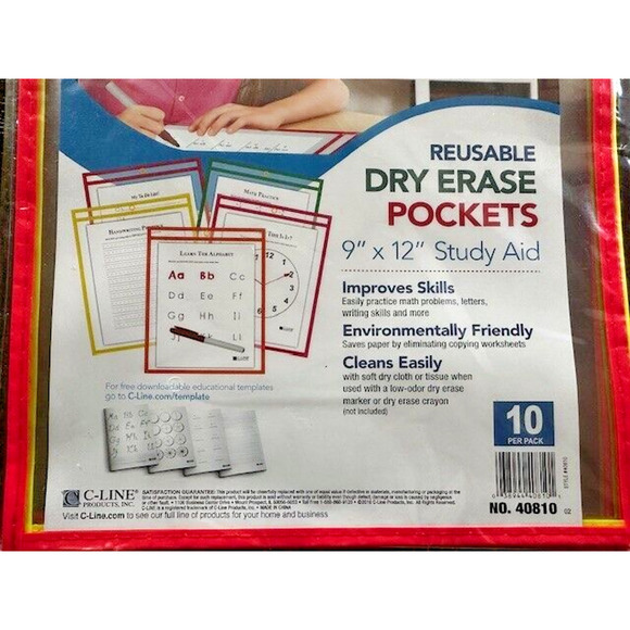 C-Line Reusable Dry Erase Pockets 9”x12” Study Aid Assorted Colors 10/Pack NEW - Picture 3 of 4